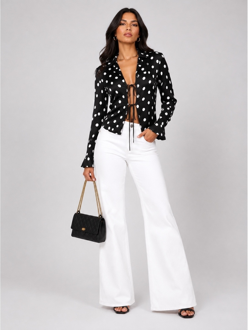 NWT Rachel Zoe Polka Dot Double Tie Button Front Blouse Top Black White Size S